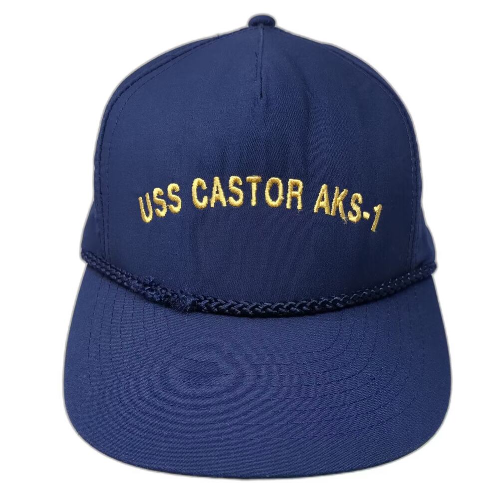 Mohr's 5 Panel Blue Hat OS USS CASTOR AKS-1 Military Embroidered Rope Slideback